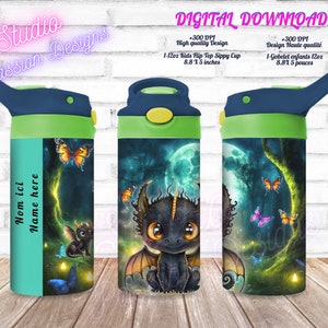 Adorables petits dragons dans forêt enchantée - Cute dragons in Fairy forest - PNG - Kid Wrap tumbler - Gobelet enfant - +300DPI -