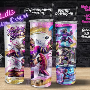 Puede incluir: Un vaso rosa y morado con un diseño de hockey. El diseño presenta a una mujer con un uniforme de hockey con una estrella en su camiseta. El vaso es de 20 onzas y está disponible en estilo de copa y vaso.