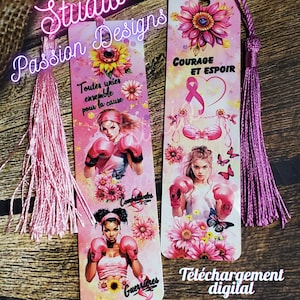 Signet-Sensibilisation Cancer du Sein-Courage-Espoir-Lutte-Combattantes -Boxe-Rose -Français -Signets 3.35 X 12.2 cm -TÉLÉCHARGEMENT DIGITAL