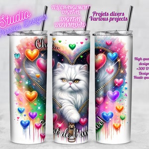 Magnifique Chat Persan - Coeurs - Amour - Amazing Persan Cat - PNG - EN FRANÇAIS - Clipart - Sublimation - Tumbler - Tasse - +300dpi