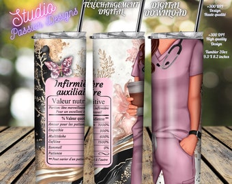 Auxiliary Nurse - Nutritional Value - Stethoscope - Old Pink Uniform - Medical - Coffee - PNG - In FRENCH - 20 oz Tumbler -
