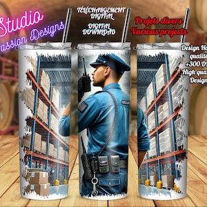 May include: A set of three stainless steel insulated tumblers. Each tumbler features a design of a security guard in a blue uniform, standing in a warehouse. The tumblers have the text "Digital Download" and "High Quality Design".