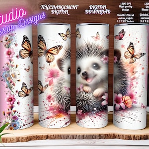 Adorable bébé hérisson - Cute hedgehog baby  - Papillons - Fleurs - Sublimation - Gobelet/Tumbler/ Tasse/Mug - +300dpi High Quality design