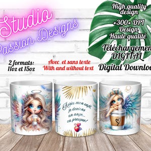 May include: White ceramic mugs with angel-themed designs. One mug features an angel holding a coffee cup, another has the text "Apr&egrave;s mon caf&eacute;, je deviens un ange... ou presque!" The mugs are labeled "Studio Passion Designs" and "Digital Download."