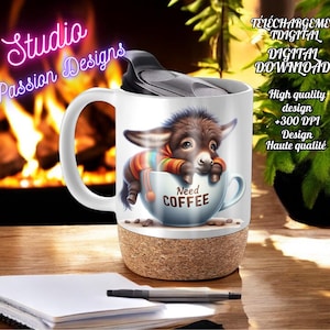 Cute donkey - Âne adorable fatigué - Need coffee - Besoin de café - Tired - Tumbler-Wine -Mug -Gobelet-Shirt-Digital Download +300dpi -
