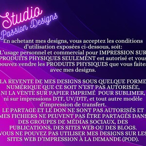 May include: A neon pink and white Studio Passion Designs logo is at the top of the image. The text below details the terms of use for the designs, including permitted uses for physical products and restrictions on digital resale and sharing.