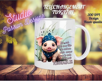 Cabeza de cerdo- Cerdo - Adorable -Cita -Humor- EN FRANCÉS -Archivo digital PNG de alta calidad-Mug-Suéter-Botella-Sublimación