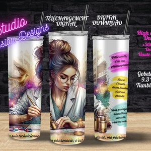 Magnifique Technicienne en pharmacie - EN FRANÇAIS - Mission - Messy bun - PNG - +300dpi - Tumbler 20oz - Gobelet 20oz - Clipart - Tasse -