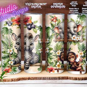 Jungle en folie - Animaux jungle Animals - Zèbre - Singe - Éléphant - Zebra - Monkey - PNG - +300 D- Digital Download - Tumbler Gobelet 20oz