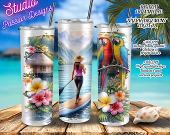 Paddleboard - South - Parrots - Tropics - 20oz Tumbler and various projects - Tumbler and various projects - PNG - Digital Download