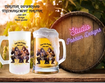 Beer - Gorillas - A little cold - Humorous - In FRENCH - Holidays - Beer Mug - T-Shirt - Wine glass - Sublimation - Clipart - PNG
