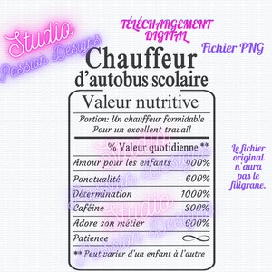 Tableau ''Valeur nutritive'' Chauffeur d'autobus scolaire - Fichier transparent - PNG - En français -