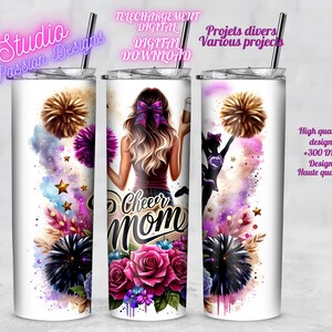 Amazing Cheer Mom -Messy bun - Coffee - Café - Pompom - Cheerleader - Tumbler - Wine - Mug - Gobelet - Vin - Tasse -PNG- Digital Download