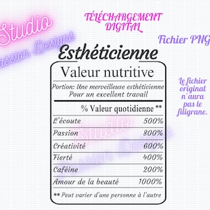 Tabela ''Valor nutritivo'' Esteticista - Arquivo transparente - PNG - Em francês - +300dpi - Xícara - Xícara - Almofada - projetos diversos