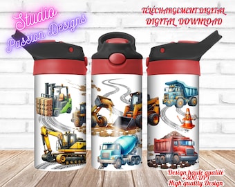 Construction - Trucks - Kids Tumbler - Digital download - PNG - +300dpi - 12oz