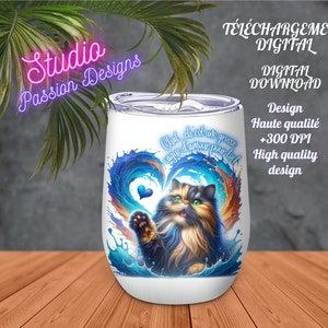 Chat Persan écailles de tortue Vague d' Amour - Persian tortoiseshell - Coeurs - Hearts - Vague - En français - Love - Tasse  - Tumbler 20oz