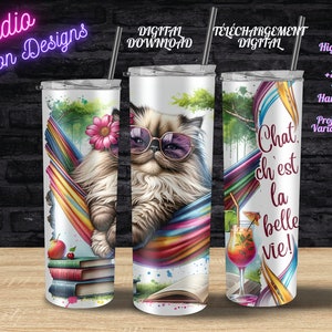Chat dans hamac - Relaxation - Belle Vie - Vacances - Humoristique - Cocktail - Été - EN FRANÇAIS - Summer -Amazing cat -PNG -Tumbler -Tasse