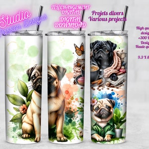 Chien Carlin - Pug Dog - Spa - Relaxation -Colorful - Pink - Rose - PNG- Tumbler 20oz - Gobelet 20oz - Clipart - Sublimation -
