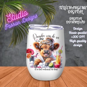 Adorable vache Highland-SPA-Cocooning-Prendre soin de soi - FRANÇAIS - Amazing Highland cow-Gobelet/Tumbler-Tasse/Mug - Shirt - Coussin  PNG