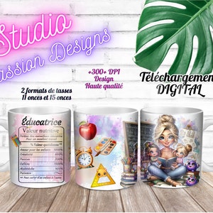 Éducatrice - Éducatrice spécialisée - Garderie- Petite enfance - École - Enfants - EN français - Tasses 11 oz et 15 oz -PNG - 300+ dpi