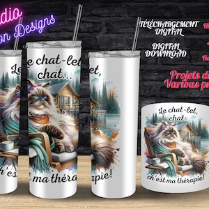 Chat au chalet - Cozy - Thérapie - Été - Summer Vacances- EN FRANÇAIS  -PNG - Tumbler-Tasse-Mug- Coussin - Gobelet - Sublimation