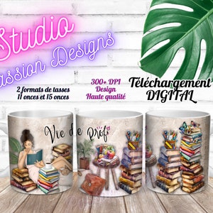 Vida del maestro - Maestro - Escuela - Libros - Café - Charla - Maestro - Libros - Café - EN francés - Tazas de 11 oz y 15 oz - PNG - 300+ dpi
