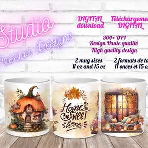 Home Sweet home - Automne - Autumn - Citrouille - Pumpkin - Maison - Tasses/Mugs 11 oz - 15 oz - PNG - 300+ dpi - Clipart