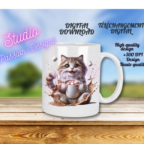 Funny cat with hot cocoa - Funny cat with hot cocoa - Hot chocolate - Amazing Cat- Cup- Mug -Tumbler- Tumbler-Tshirt - PNG- Clipart