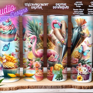 Cupcakes - Pâtissière - Flamants roses - Flamingo -Cakes - Gâteaux - Tropical -  Wrap Gobelet 20oz Droit- Digital download - PNG