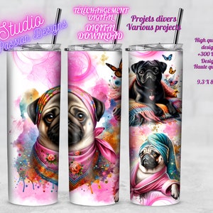 Chien Carlin - Pug Dog - Spa - Relaxation -Colorful - Pink - Rose - PNG- Tumbler 20oz - Gobelet 20oz - Clipart - Sublimation -