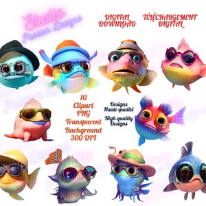 Poisson - Fish - Funny -Comique - Drôle - Amusant - Pêche - Fishing - 10 PNG - Clipart - Sublimation -