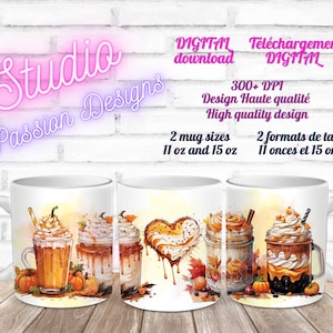 Cafés - Lattés d'automne - Coffe - Fall Season - Autumn -Tasses/Mugs 11 oz - 15 oz - PNG - 300+ dpi - Clipart