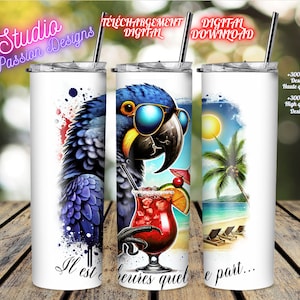 Parrot Ara Hyacinth - Cocktail - Sono le 5 da qualche parte - Umorismo - FRANCESE - Calice/Tumbler-Cup/Mug - Camicia - Bicchiere da vino - PNG