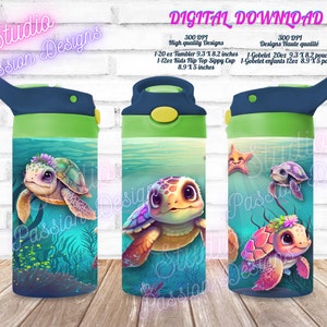 Tortues mignonnes, Cute Sea Turtles, Digital download, Gobelet 20oz and 12oz Kid Tumbler, 2 formats- 2 sizes - SUBLIMATION