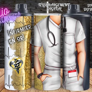 May include: A 20oz tumbler with a black lid and handle, featuring a design with the text "INFIRMIER EN OR!" and a medical symbol. The design includes a gold glitter background and a nurse's uniform.