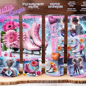 Patin - Patinage artistique - Patineuse - Rose - Fleurs - Paillettes - Ice skating - Gobelet 20oz - Français - Tumbler - Wrap - PNG
