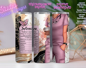 Nurse - Nutritional value - Stethoscope - Old pink uniform - Medical - Coffee - PNG - In FRENCH - Tumbler/Tumbler 20 oz -