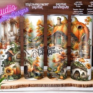 Hello Autumn - Automne - Fall season-Citrouilles-Cozy-Pumpkins-Sunflowers -Tournesols Tumbler 20oz Gobelet - Wrap- PNG - Avec et sans texte