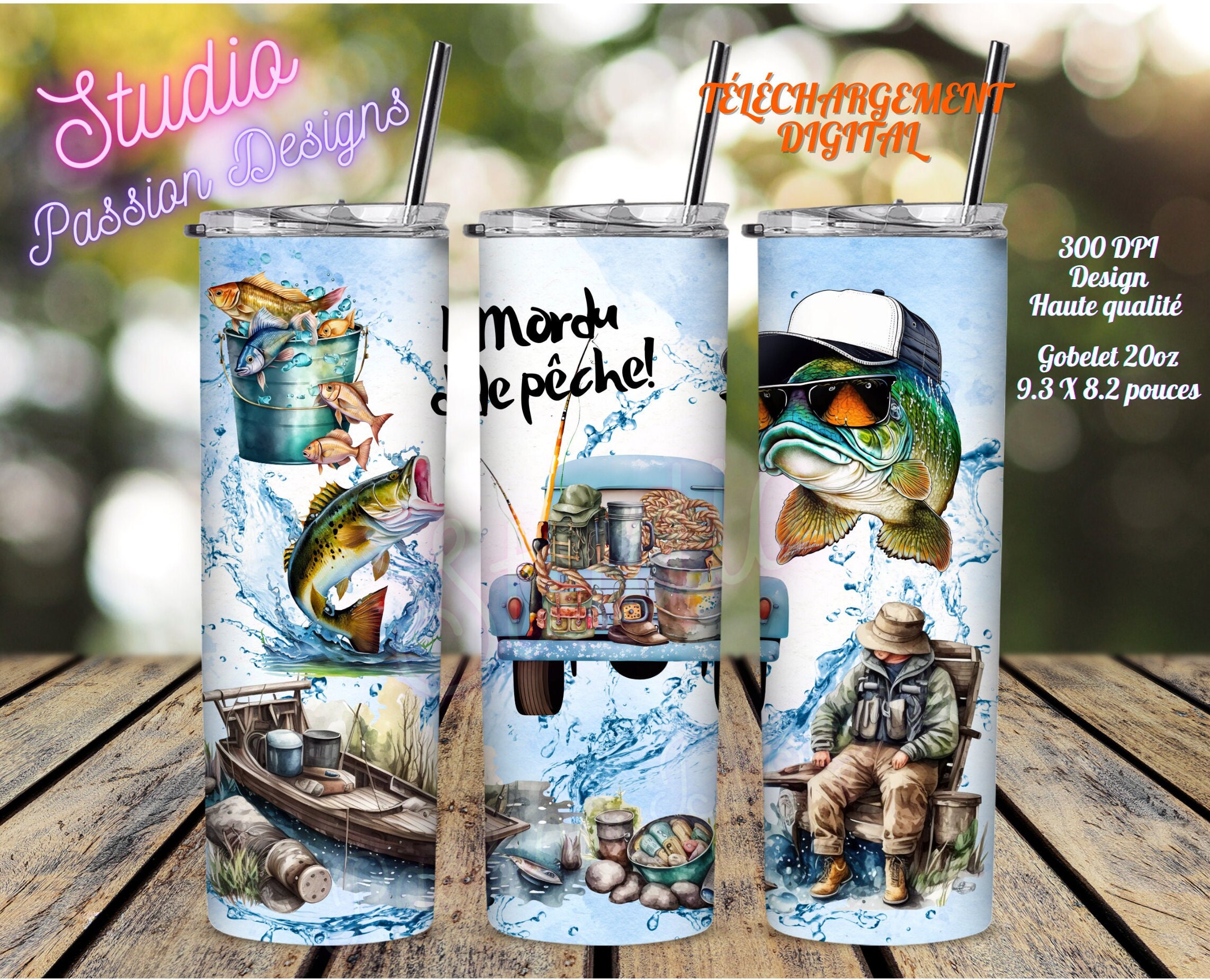 Entusiasta de la pesca - Pescado - Pescador - EN FRANCÉS - Wrap Tumbler 20oz Straight - Descarga digital - PNG