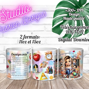Enseignante en or  - École - Classe - Livres -  Valeur nutritive - EN français - Tasses 11 oz et 15 oz -PNG - 300+ dpi