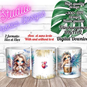 May include: White ceramic mugs with angel-themed designs. One mug features an angel holding a coffee cup, another has a coffee cup with hearts, and the third has an angel with a coffee cup. The mugs are available in 11oz and 15oz sizes.
