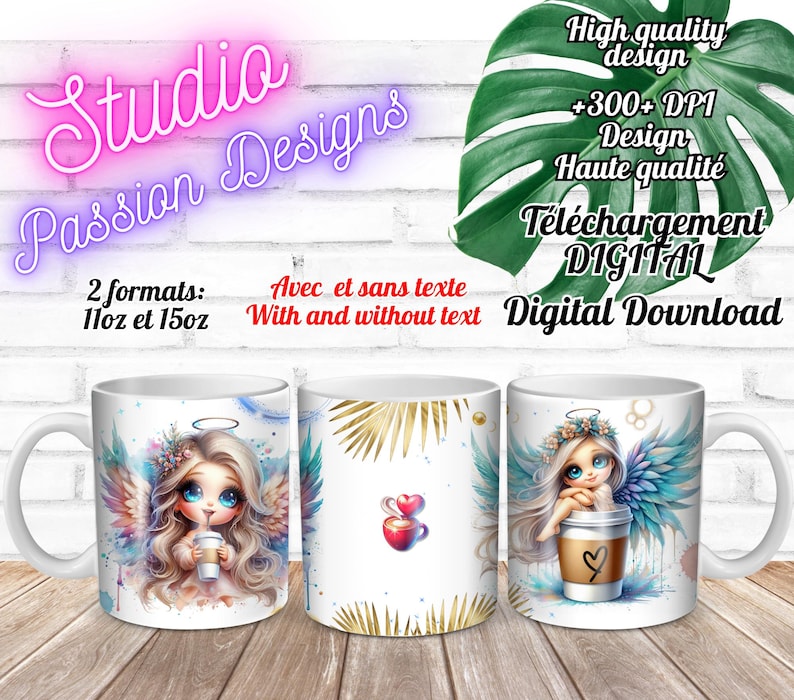 May include: White ceramic mugs with angel-themed designs. One mug features an angel holding a coffee cup, another has a coffee cup with hearts, and the third has an angel with a coffee cup. The mugs are available in 11oz and 15oz sizes.