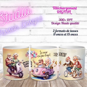 Grand-parents heureux - Happy - Fun - Voiture - Vélo - Moto - Humour - EN FRANÇAIS - Tasses 11 oz et 15 oz - PNG de haute qualité - 300+ dpi