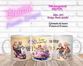 Happy Grandparents - Happy - Fun - Car - Bike - Motorcycle - Humor - IN FRENCH - 11 oz and 15 oz mugs - High quality PNG - 300+ dpi