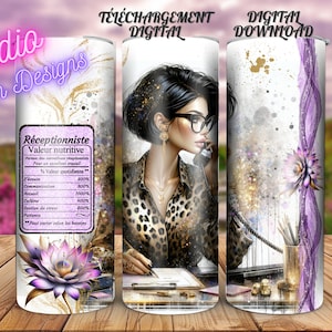 Réceptionniste - Valeur nutritive - En français - Agente de bureau - Femme - PNG - En français - Tasse - Verre - Gobelet -Chandail - +300dpi