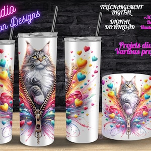 Magnifique Chat Maine Coon - Amazing Maine Coon Cat - Coeurs - Hearts - Love - PNG - Clipart - +300dpi - Tshirt - Gobelet -Tumbler-Mug-Tasse