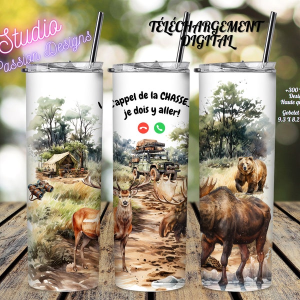 Chasse - Appel - Orignal - Ours - Chevreuil - Jeep - PNG - Wrap - Gobelet20oz - Tumbler - FRANÇAIS - Clipart - Moose - Hunting