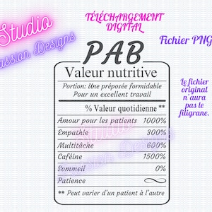 Tableau ''Valeur nutritive'' PAB - Préposée aux bénéficiaires - Femme - Fichier transparent - PNG - En français -
