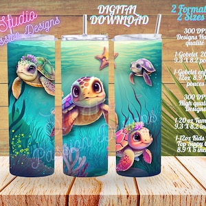 Tortues mignonnes, Cute Sea Turtles, Digital download, Gobelet 20oz and 12oz Kid Tumbler, 2 formats- 2 sizes - SUBLIMATION