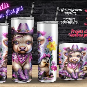 Petite vache Highland western et son amie Marmotte - Amazing Highland little western cow - Gobelet/Tumbler - Tasse/Mug - Shirt -Coussin -PNG